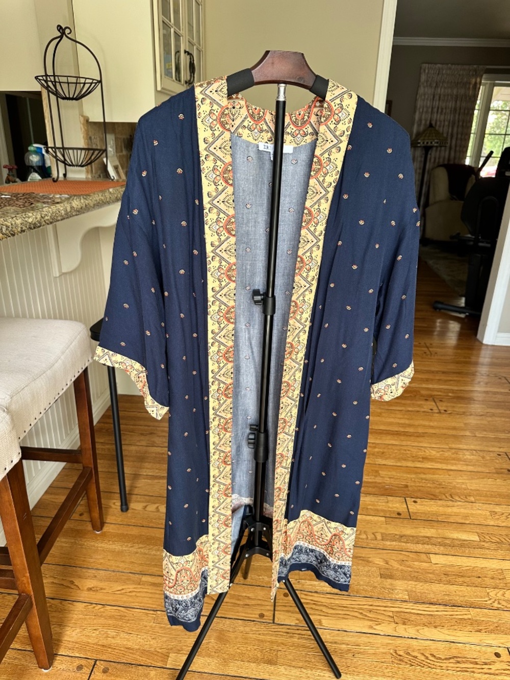 DR2 Open Front Boho Duster Kimono Cardigan Navy Paisley Border Petite XS PS